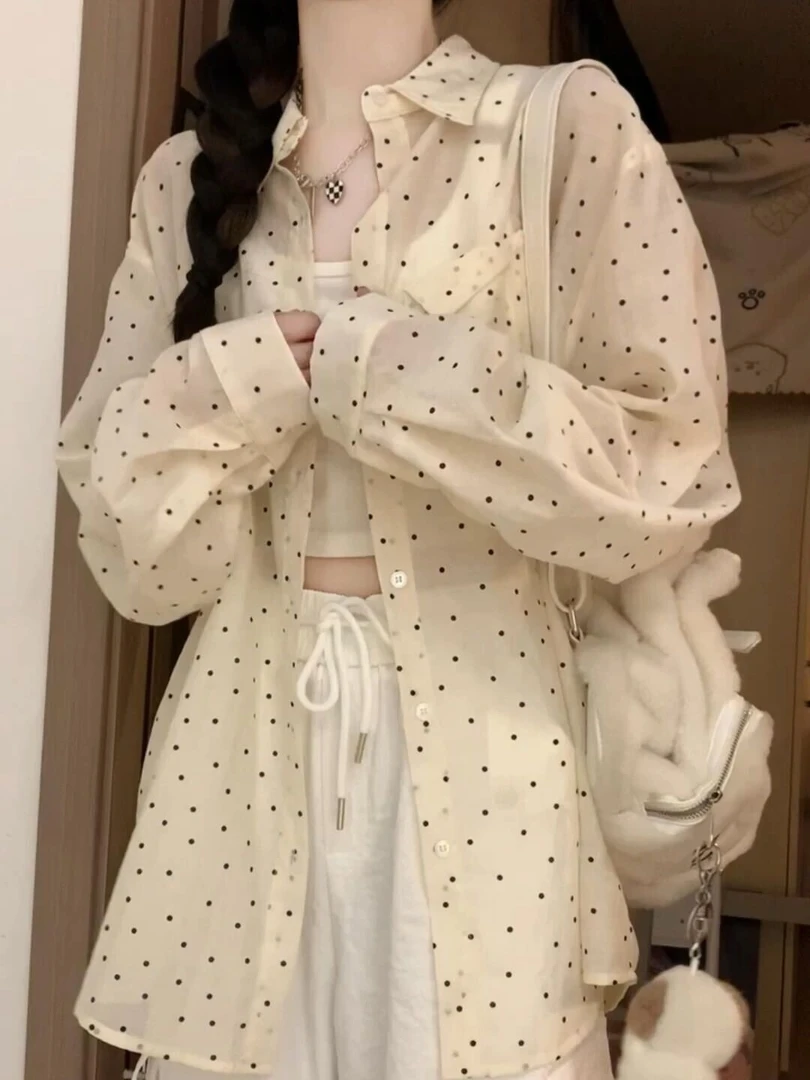 韩版中长款波点衬衫外套女夏季薄款宽松慵懒风幂式叠穿防晒衬衣春