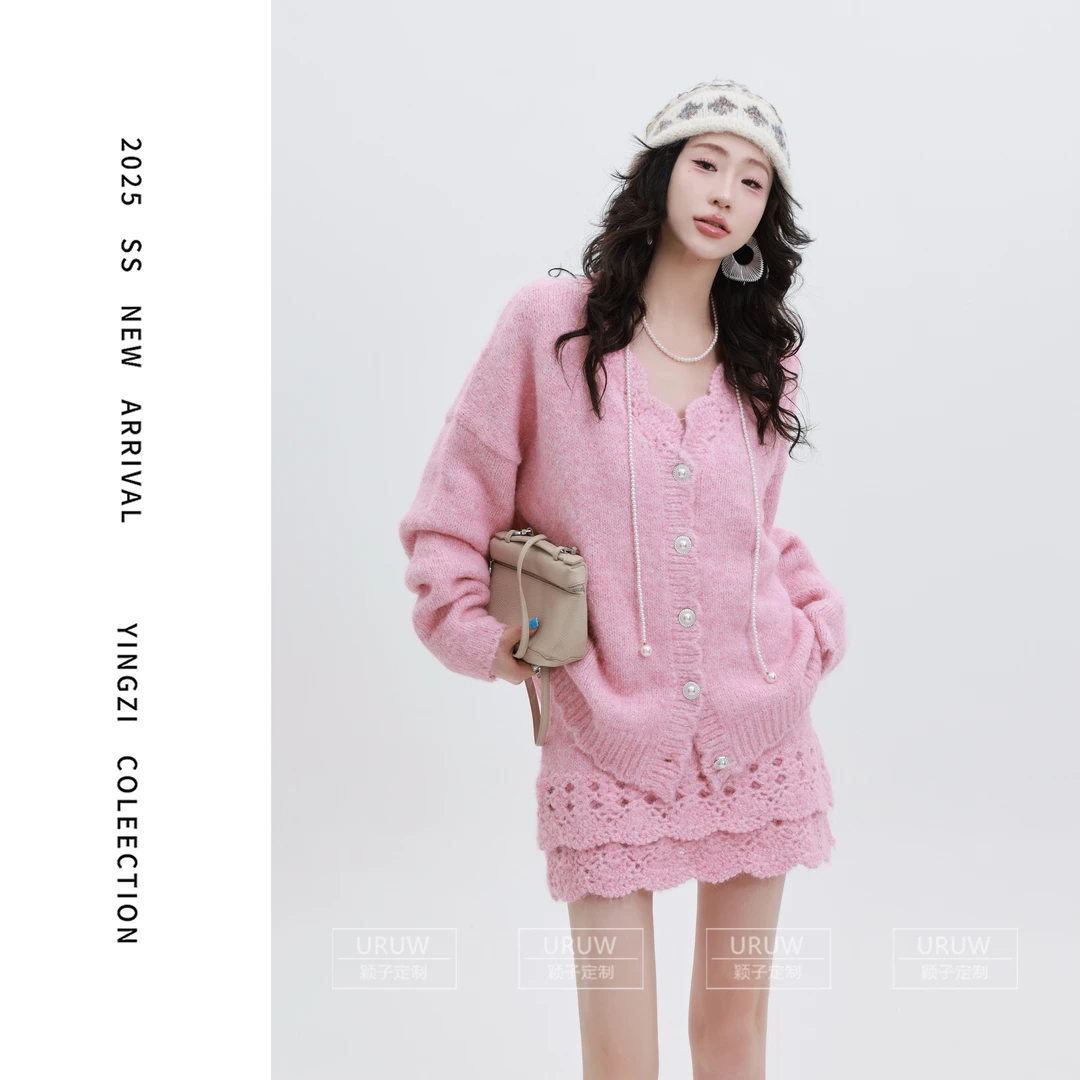 颖子定制【日落唱片】冬季时尚针织花边开衫毛衣休闲高腰短裙2099
