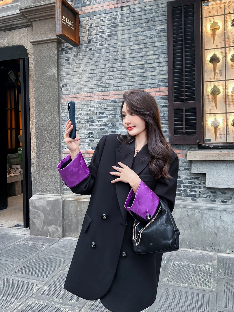 通勤休闲西装外套女2025春秋新款韩版宽松设计感袖口撞色西服上衣