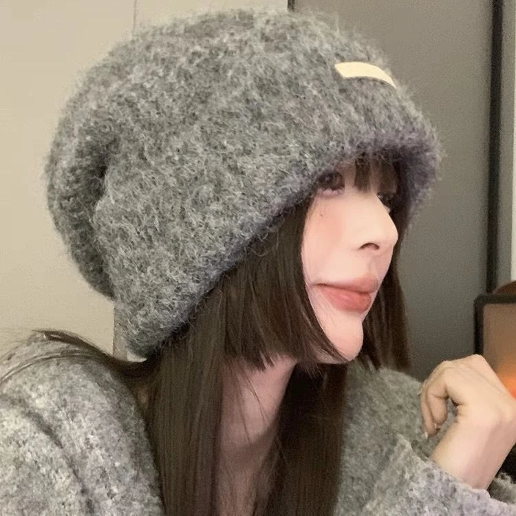 韩版秋冬毛线堆堆帽大头围百搭休闲冷帽保暖帽子情侣护耳针织帽Q