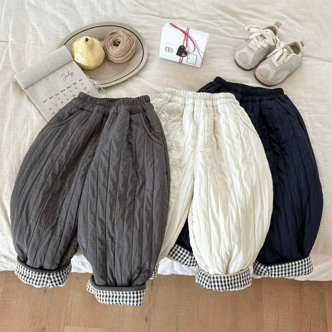 韩版仿丝棉三层保暖加绒加厚冬季防风裤男女童装中腰长裤