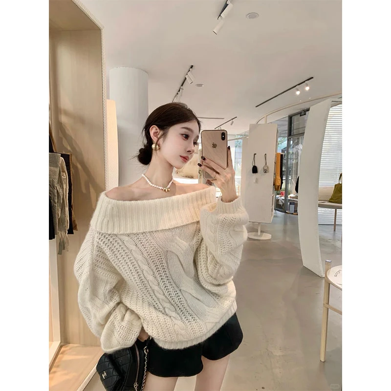 秋季新款设计感复古风显瘦修身针织露肩上衣休闲简约时尚高腰短裤
