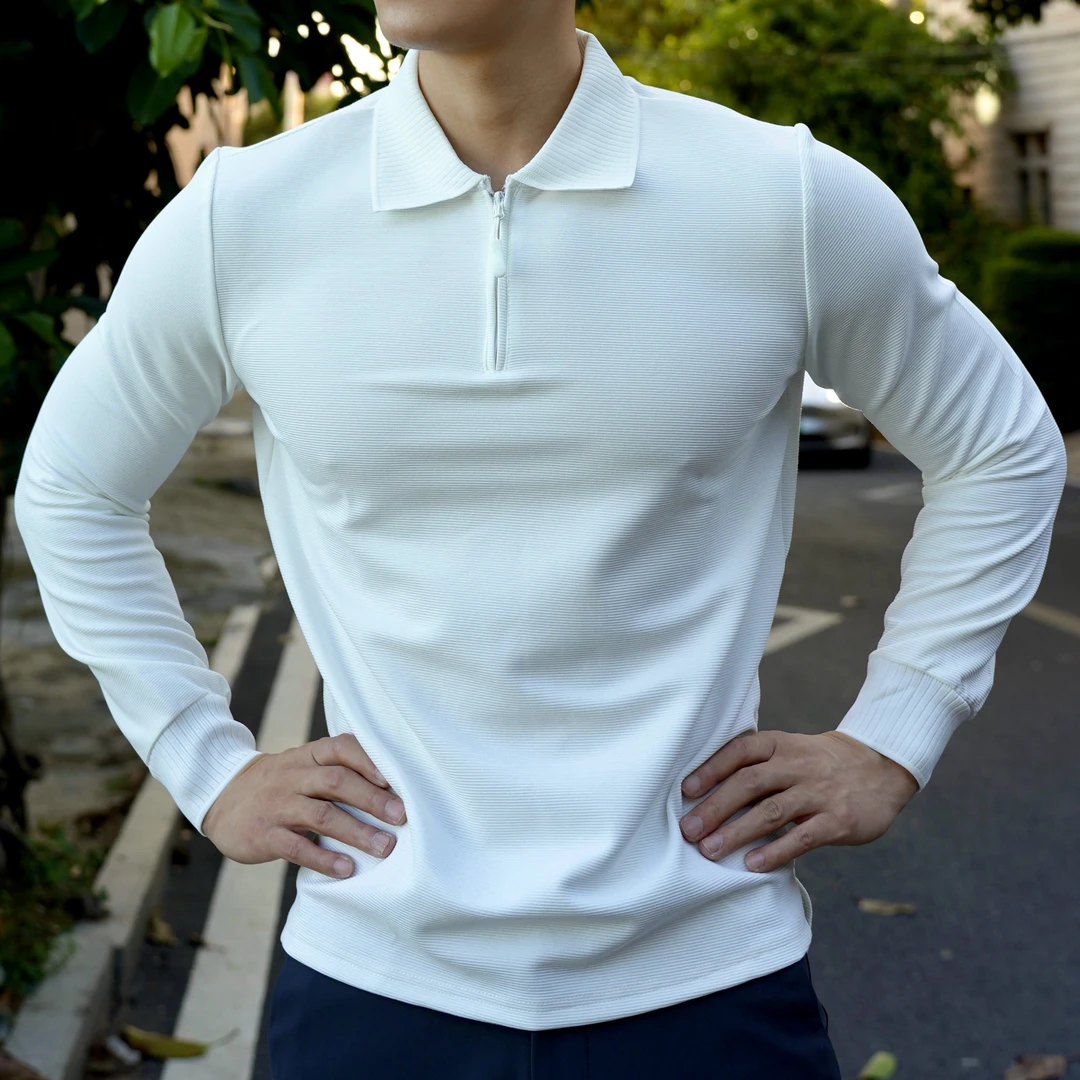 Fitnessboy老钱风海鸥领POLO衫长袖男士轻薄通勤商务针织弹力上衣