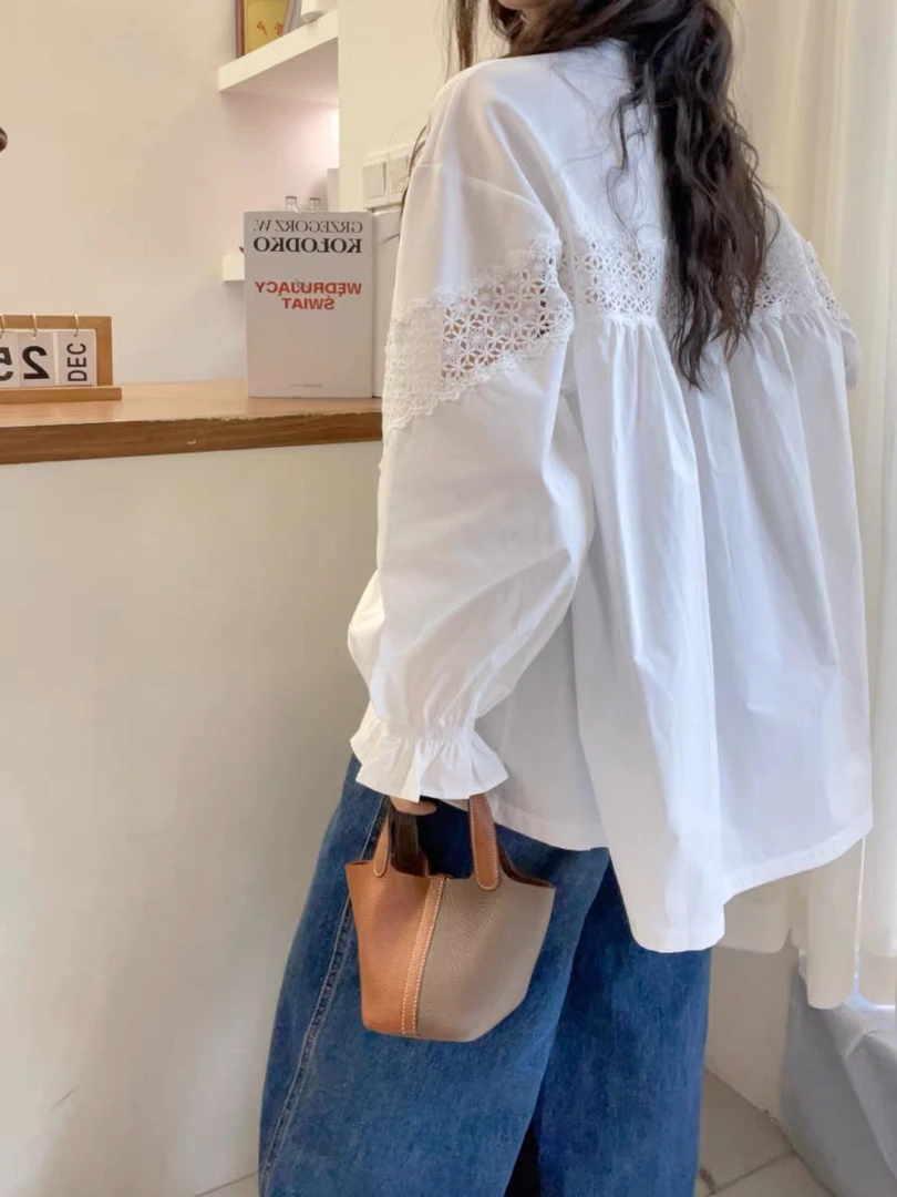 (原版正品）欧洲站 2025春装 网红爆款 钩花 长袖 喇叭袖T恤