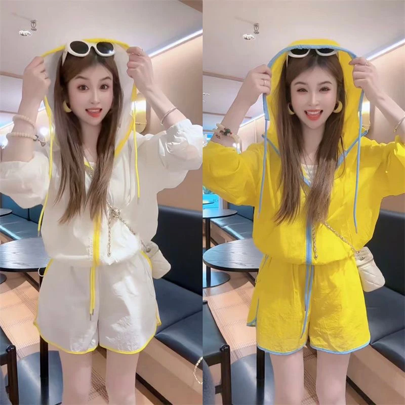 夏季新款撞色拉链连帽长袖防晒外套搭配显瘦短裤女休闲套装
