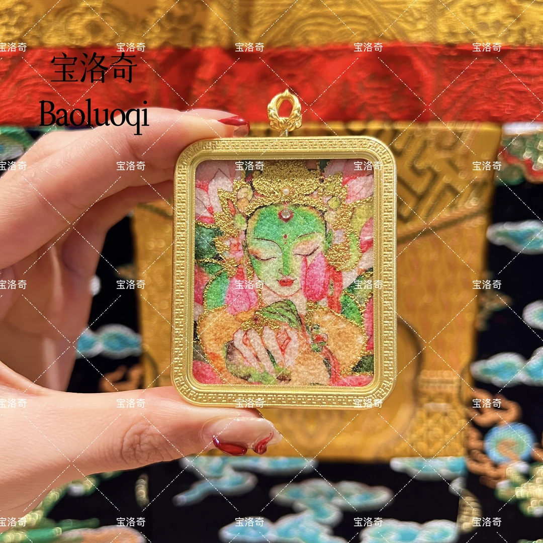 BLQTK-203 莲花微笑绿度母双面莲花五条经文手工砂手绘