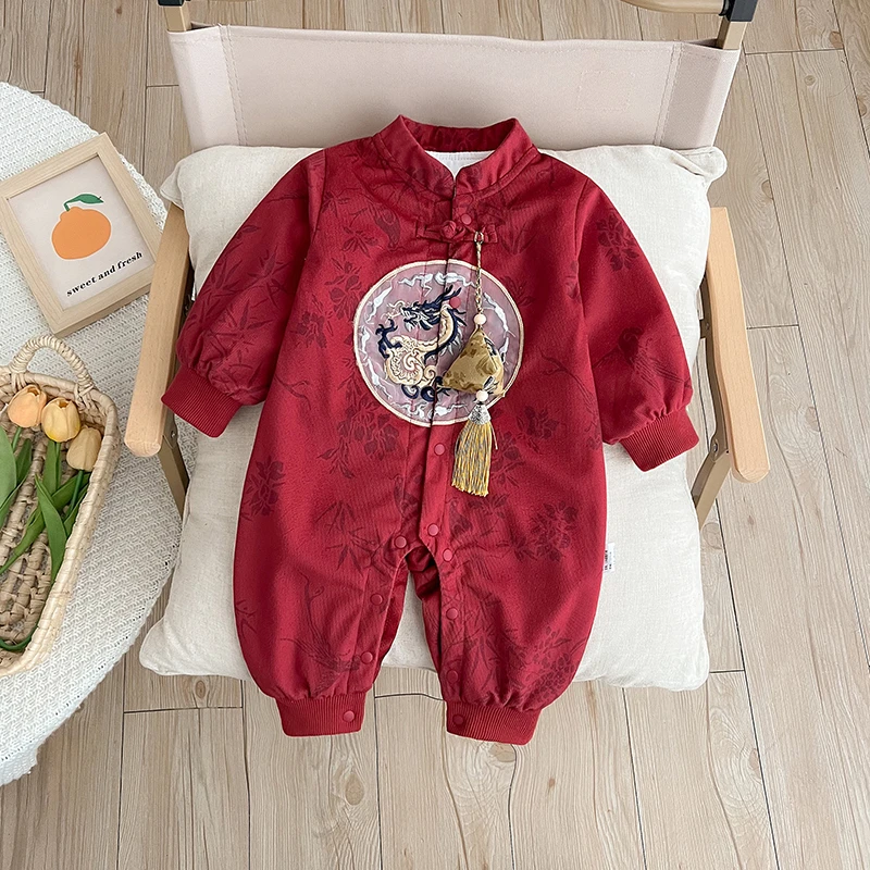 新生儿秋装连体衣男女宝宝婴儿百天周岁礼服春秋款喜庆国风外出服