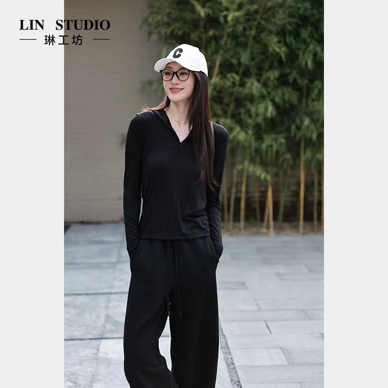 【上衣 桑蚕丝】琳工坊“沉香”黑色帽衫休闲时尚减龄显瘦唐琳设计师