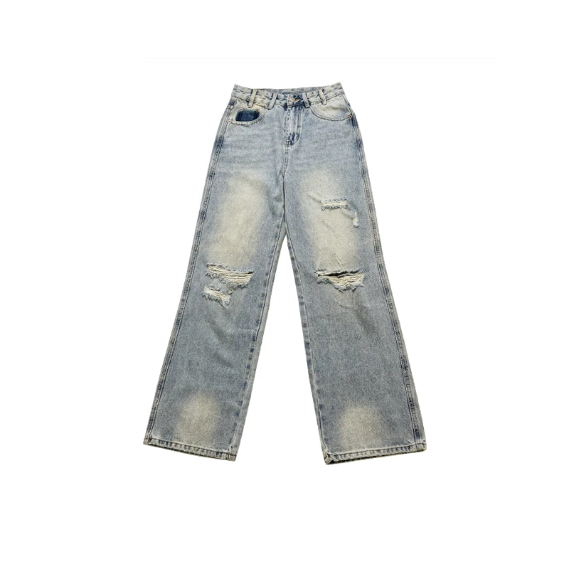 WUWU STUDIO【高街】美式街头复古做旧重磅重工破洞牛仔裤3078