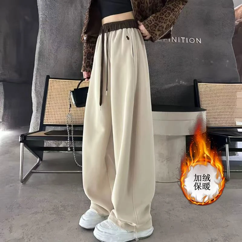 【酱酱专属】慵懒风加绒刺绣阔腿裤女冬加厚高腰宽松拼色休闲弯刀裤