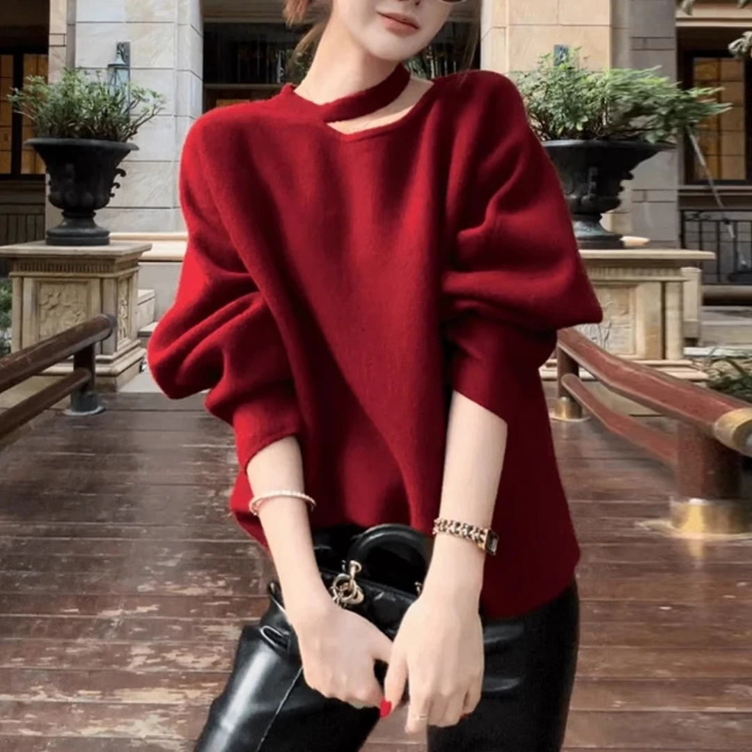 设计感挂脖红色毛衣新款高级感2025秋冬爆款超好看内搭针织上衣女