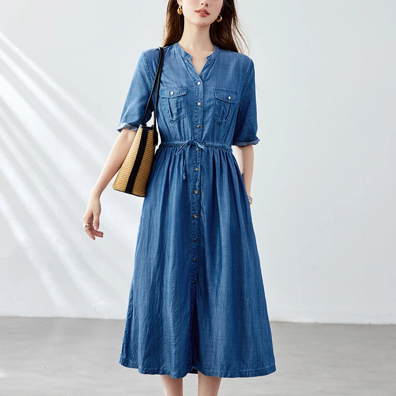 夏季时尚V领抽绳收腰连衣裙显瘦薄款天丝牛仔短袖长裙女士洋气裙