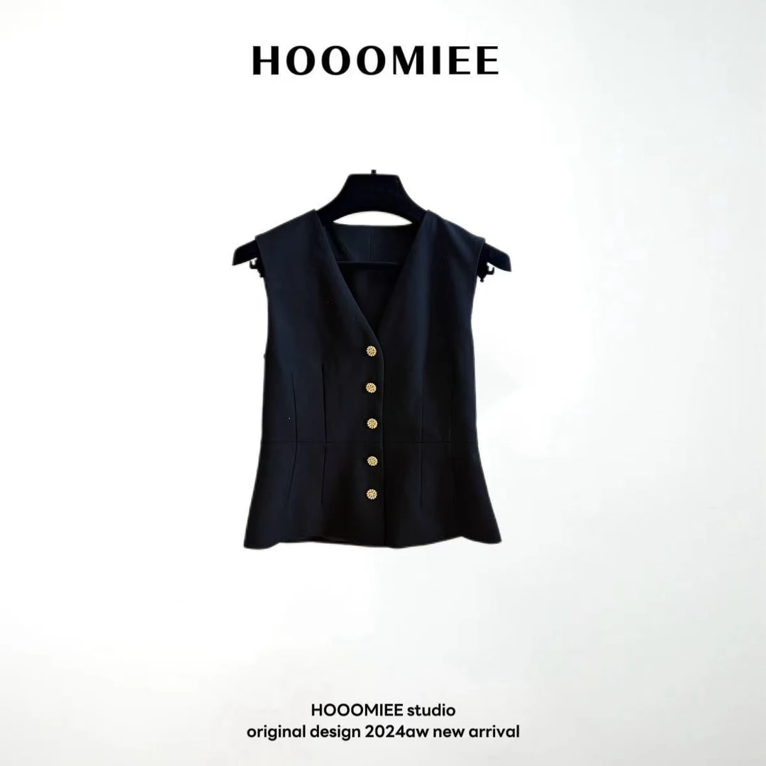 Hooomiee简约夏季排扣V领显瘦无袖女士小背心068