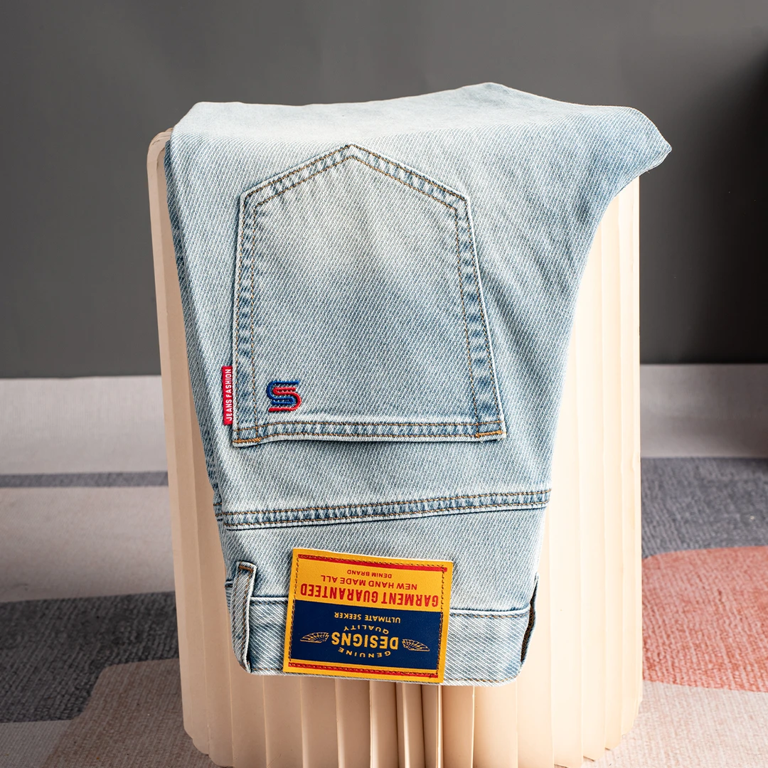 法尔利格浅蓝色牛仔裤男士高端修身小直筒夏季时尚薄款九分休闲裤