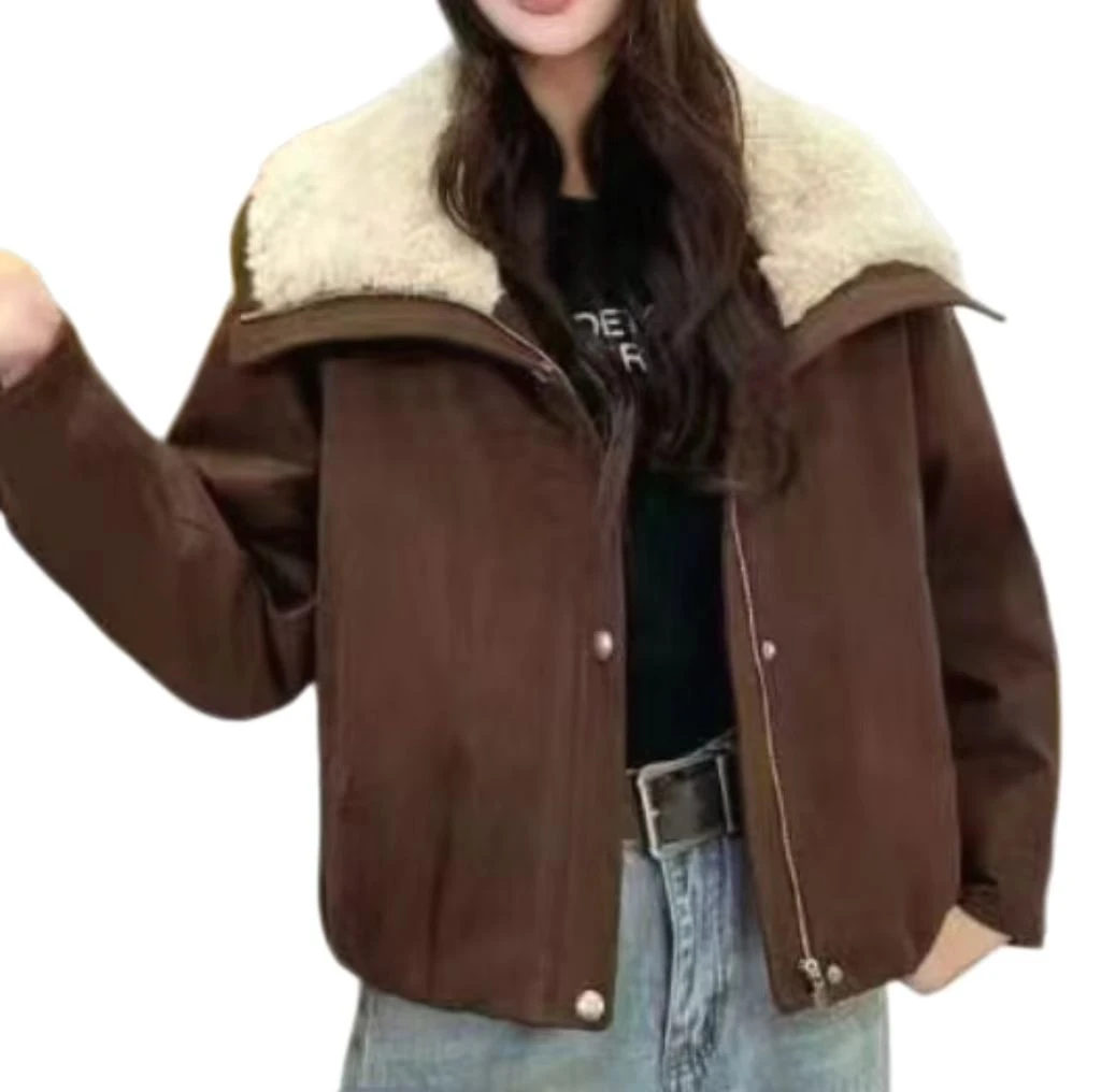 长袖单排扣插肩袖冬季翻领短外套加厚秋冬女装百搭加绒短款90006