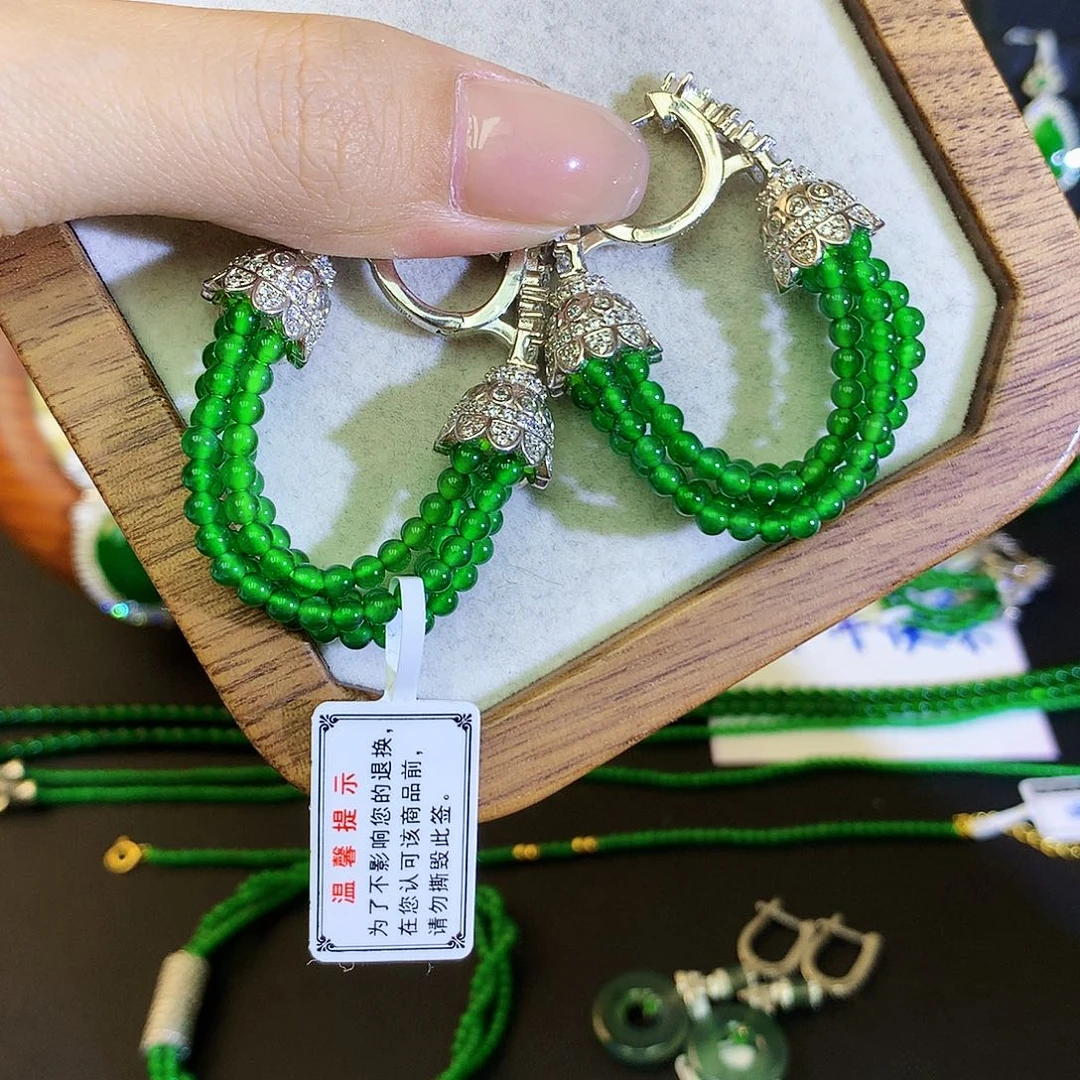 翡翠耳饰银S925镶嵌天然翡翠米珠耳包