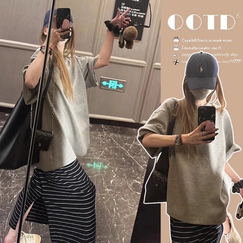 孕妇装夏装2025新款时尚款慵懒风T恤上衣系绳托腹开叉条纹半身裙