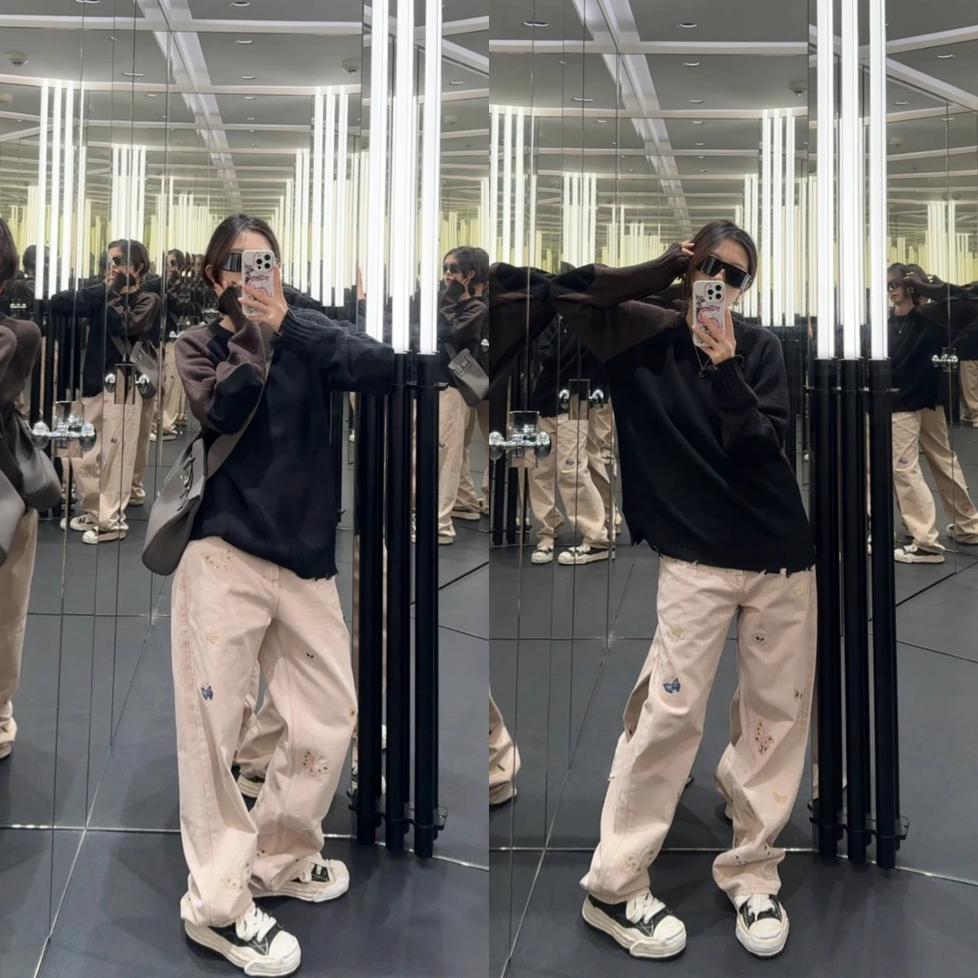 【蝴蝶刺绣设计】个性高街早秋新品水洗脏粉牛仔裤宽松高级感直筒裤