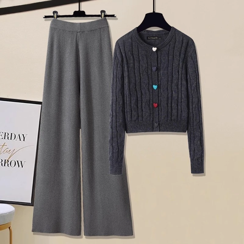 秋冬季时尚套装女甜美圆领麻花针织开衫上衣垂感阔腿裤洋气两件套
