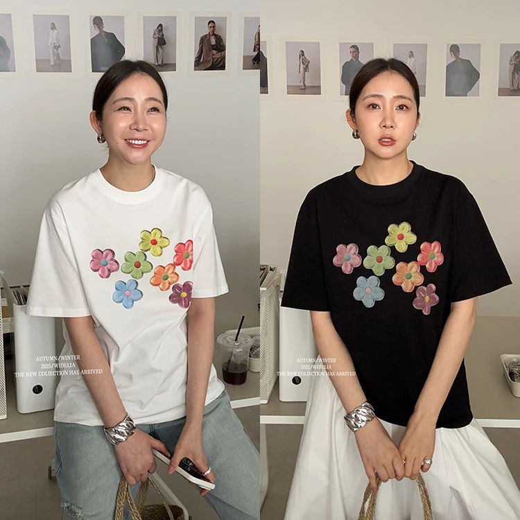 widelia陈姬儿卡通趣味花朵短袖T恤女百搭圆领宽松打底上衣7179