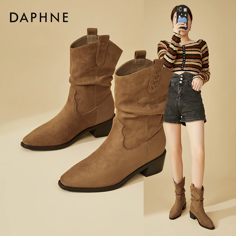 达芙妮琥珀流光高跟短靴女2025秋冬新款显瘦V口中筒靴褶皱堆堆靴