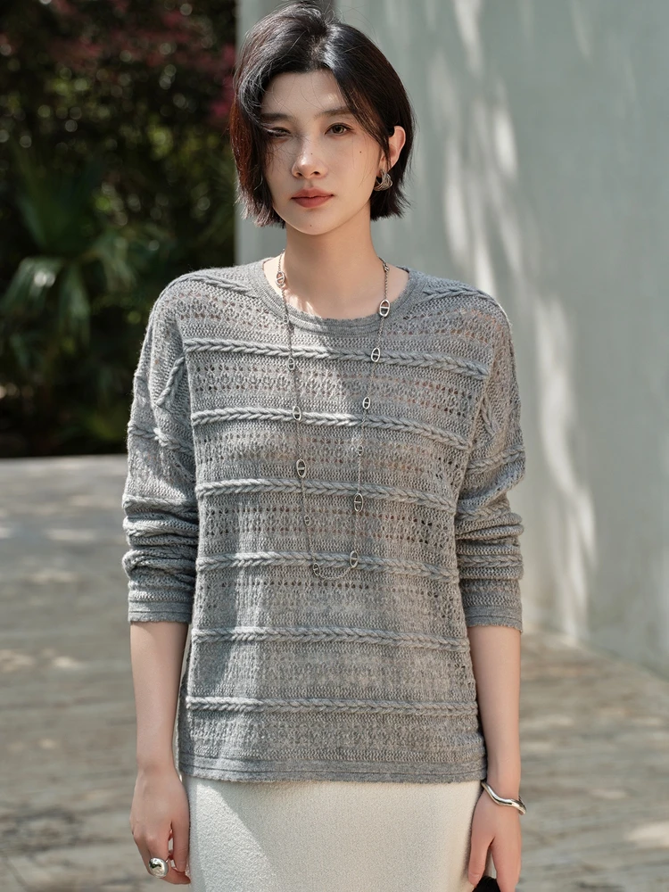 100%山羊绒7针双股立体绞花法式宽松V领羊绒衫针织衫