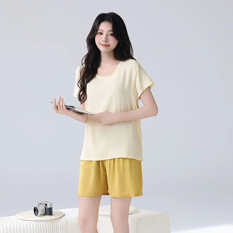 带胸垫睡衣女款2025新款夏季绵绸防凸点短袖短裤可外穿家居服套装