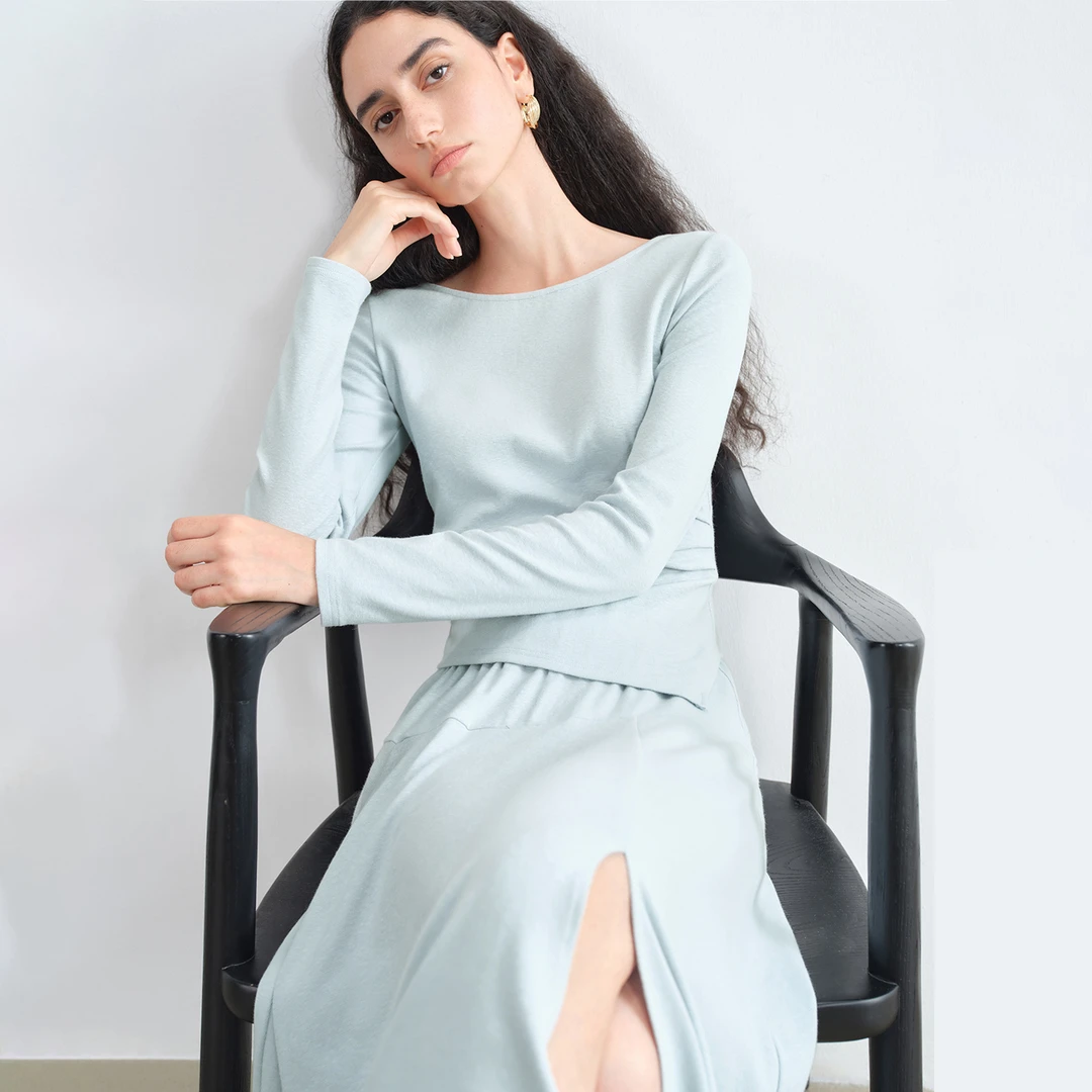 自巧小个子流光风蓝色气质长袖T恤半身裙套装温柔套装裙25ZQ93070