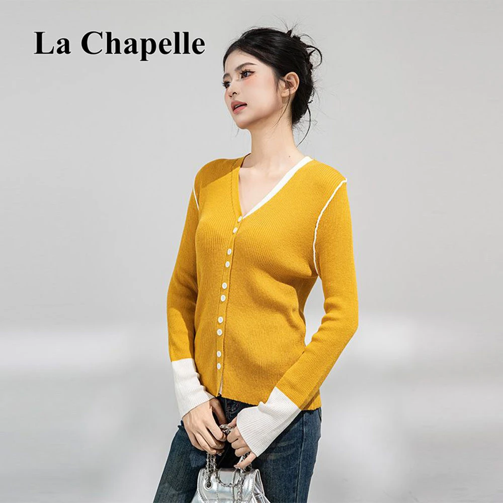 拉夏贝尔早秋慵懒风时尚撞色V领毛针织衫女时尚洋气百搭显瘦上衣