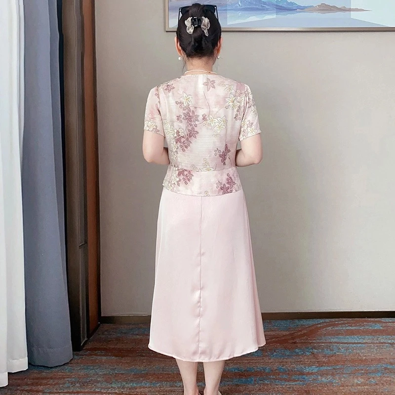 母亲节礼物妈妈装新中式假两件连衣裙夏季新款中年女短袖提花长裙