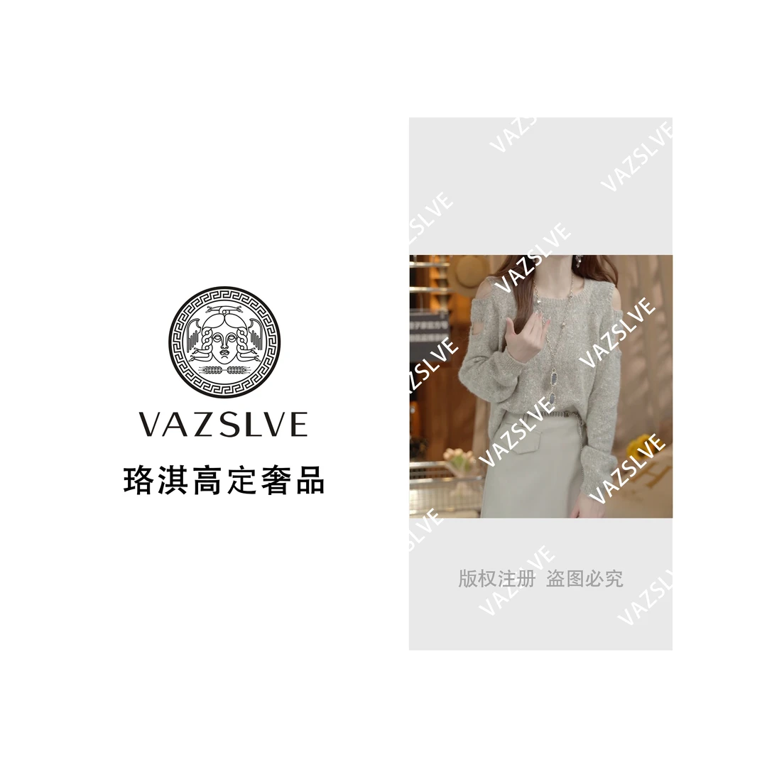 【VAZSLVE/珞淇高定】新款百搭慵懒风破洞露肩长袖毛衣LK2506037