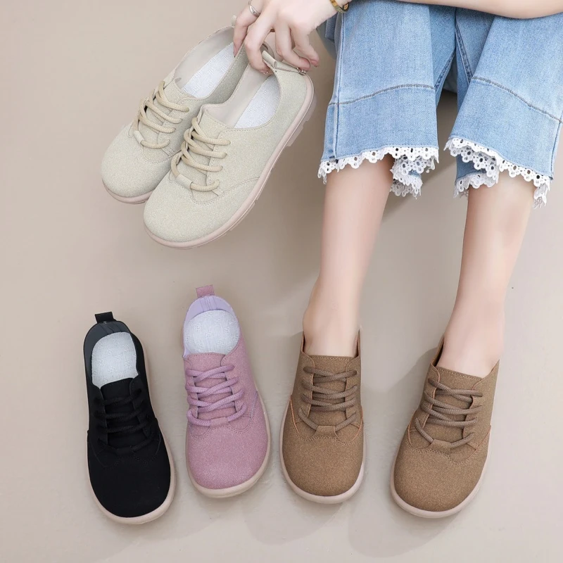 春秋新款百搭软底中老年妈妈鞋休闲平底鞋系带舒适时尚单鞋