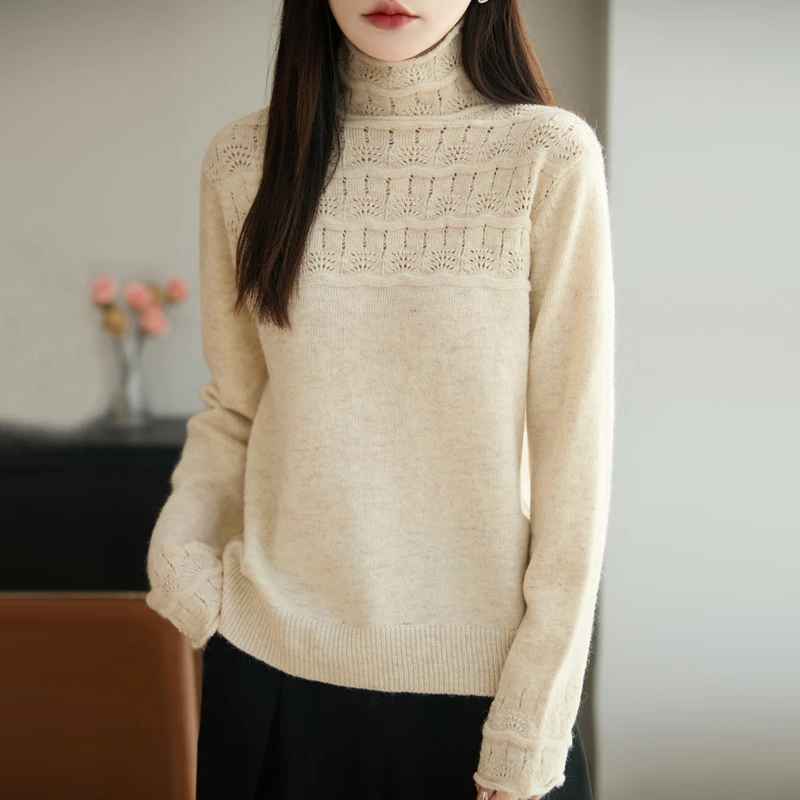 哥弟阿玛施正品冬季新款女士毛针织衫高领纯色镂空钩花打底衫毛衣