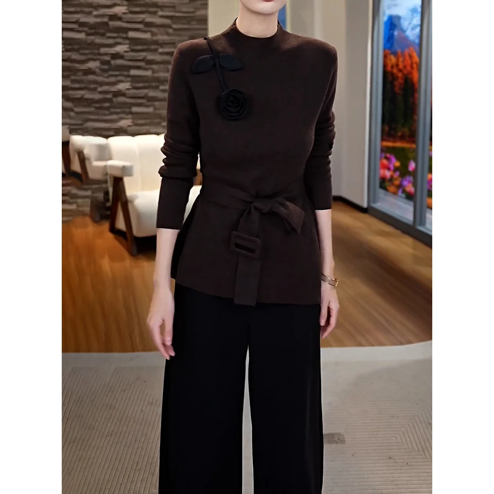 休闲简约复古套装2025秋冬新款立体装饰绑带收腰针织衫+阔腿裤子