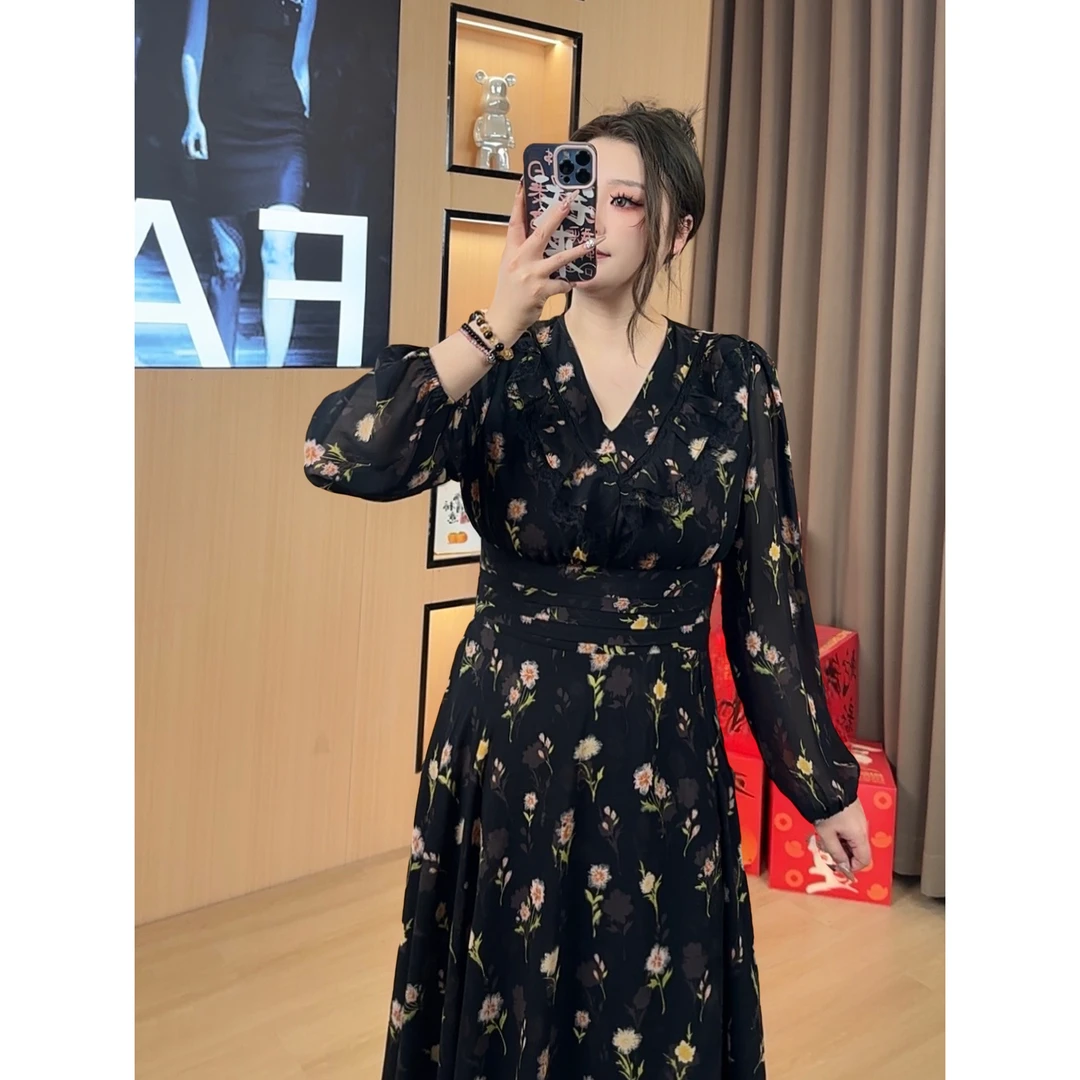 胖mm微胖定制~【DM856】新款遮肚气质显瘦长袖方领碎花裙