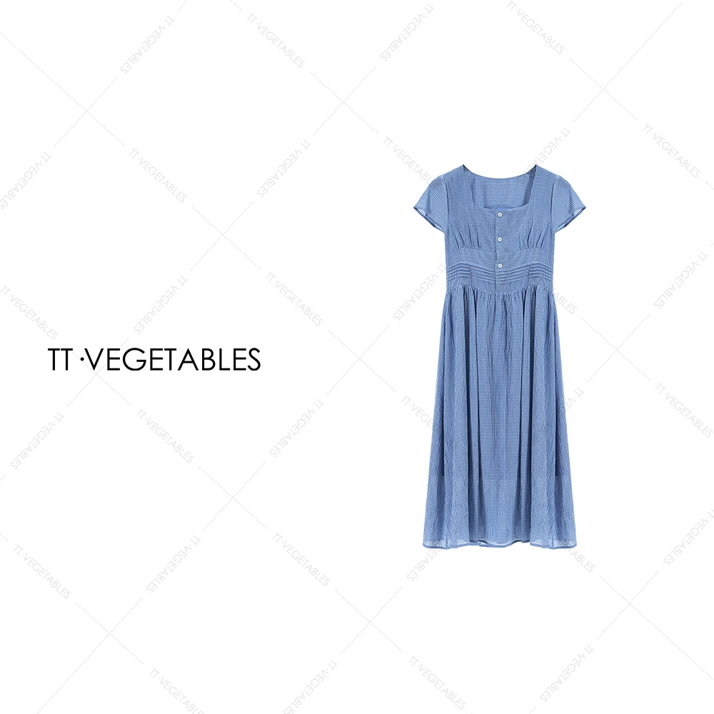 TT・VEGETABLES【序白】鹤唳   蓝格纹方领褶皱收腰复古连衣裙515930