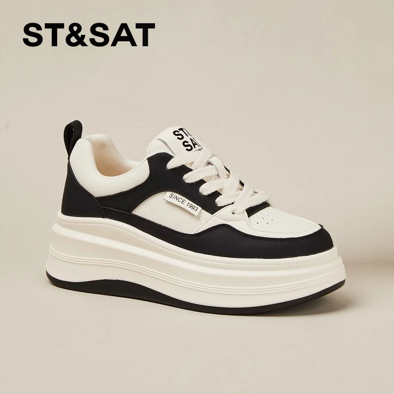 星期六女鞋厚底小白鞋女2025新款爆款厚底增高板鞋真皮配裙子春款