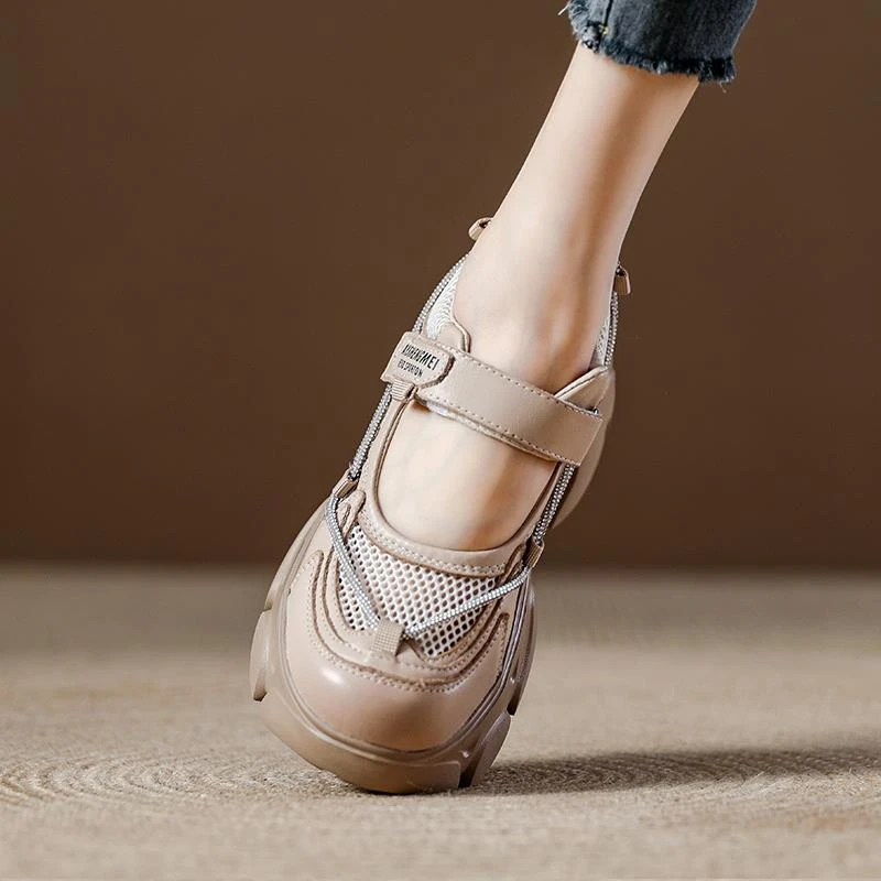 2025夏季真皮厚底增高松糕女鞋米色浅口网面透气外穿包头凉鞋牛皮