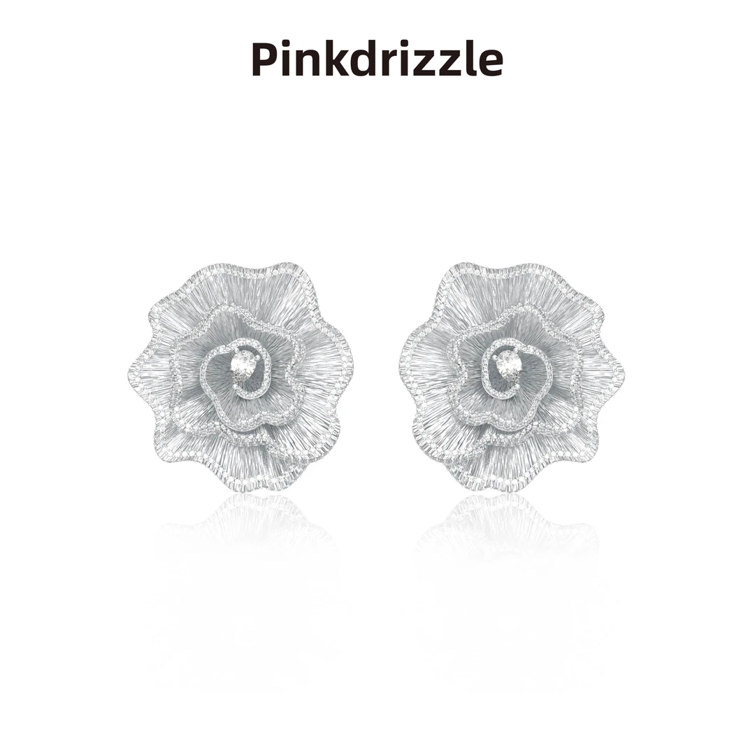Pinkdrizzle 铜合金合成锆石耳饰 一花倾城复古优雅耳饰气质轻奢