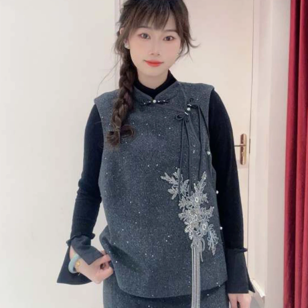 新中式品玉乌鲤灰马甲