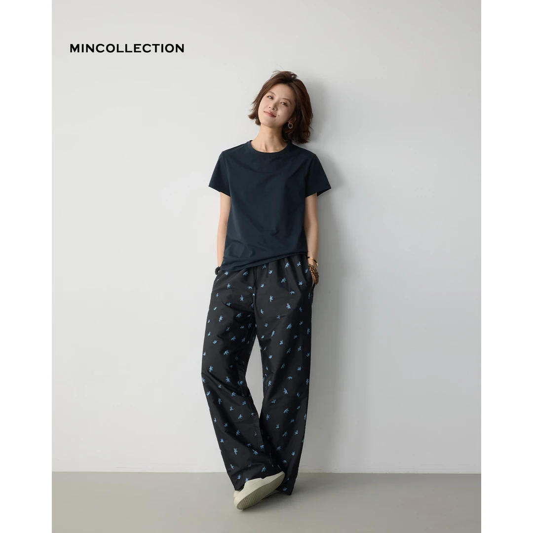 DE Mincollection遛狗刺绣裤/重工撞色绣花松紧腰直筒休闲裤40055