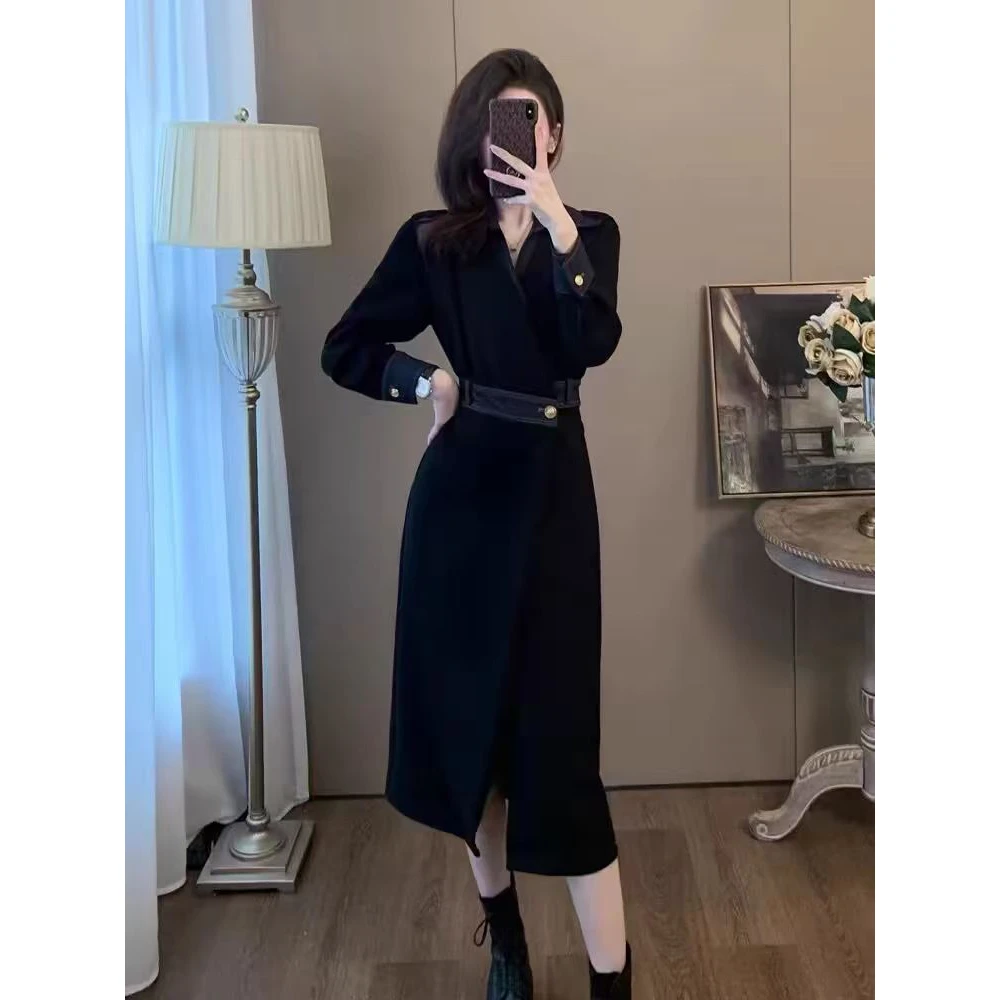 小香风气质休闲连衣裙女秋冬显瘦高级感超好看法式长裙打底黑色裙