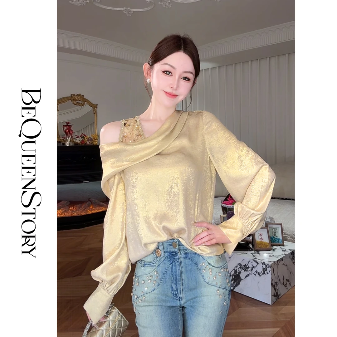 余潇潇【香肩财阀】优雅精致高级感手工钉珠不规则斜肩荡领宽松上衣