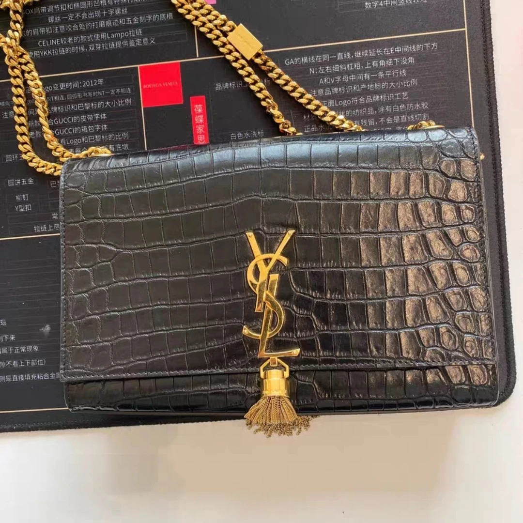 99新 YSL/圣罗兰 98新丨道道丨雾面鳄压黑金流苏中号链条斜挎包