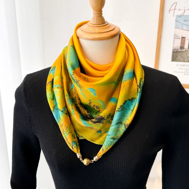 千里江山图磁吸扣三角小方巾丝巾女春秋夏季护颈饰围脖子薄围巾70