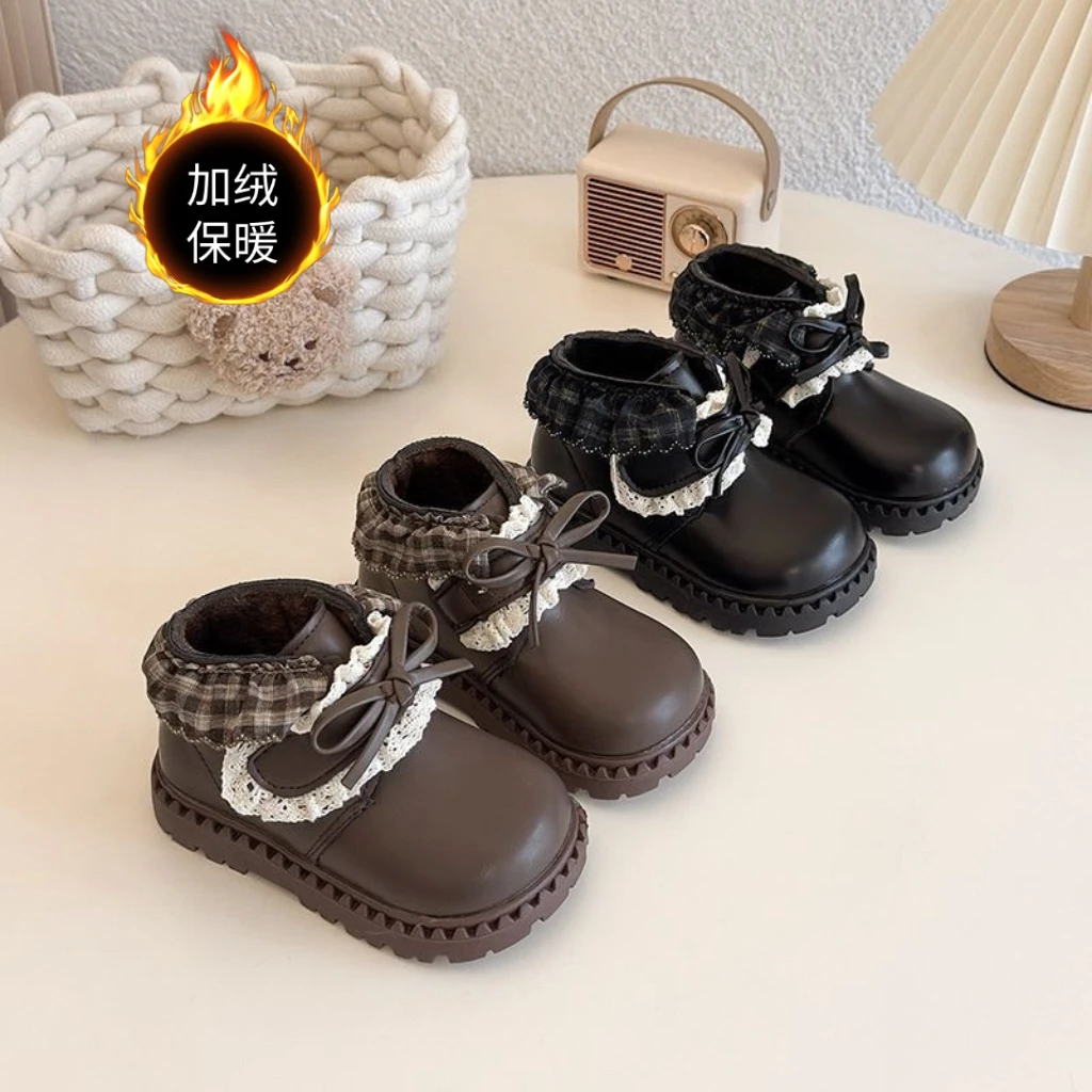 女童秋冬加绒二棉小皮靴2025新款女宝宝鞋子短筒靴保暖防滑公主靴