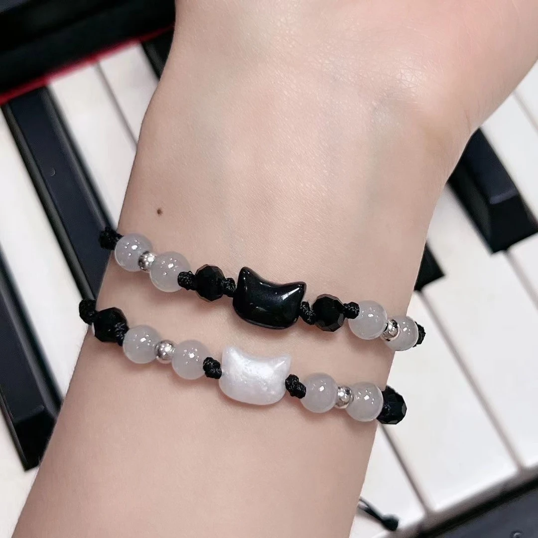 非金属树脂手链 精致小众黑白猫珠串情侣手绳百搭独特纪念礼物