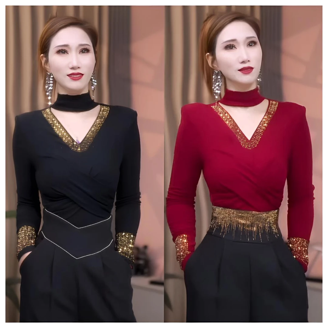 蜜妍婵-新款法式长袖V领亮钻显瘦气质网红秋冬修身打底衫-9950