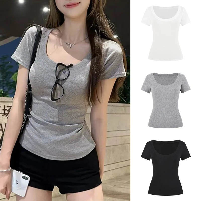 Moses Queen/魔西女王短款方领短袖正肩掐腰t恤女大U领修身打底衫