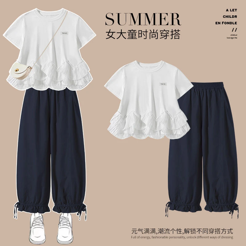 女大童夏装薄款九分裤百搭青少年宽松哈伦裤子夏季女孩休闲灯笼裤